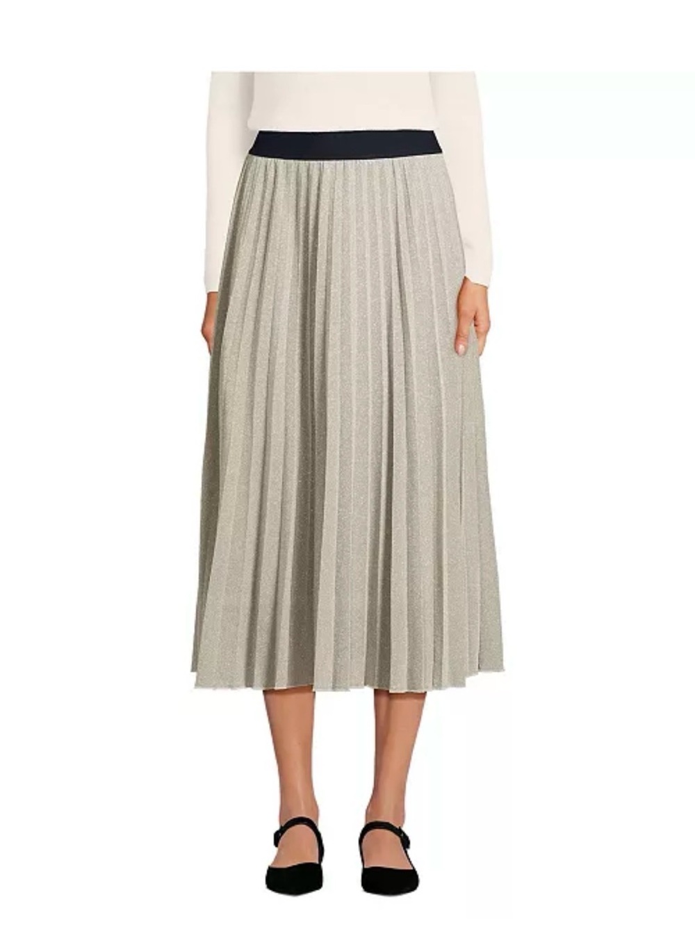 Lands' End Pleated Metallic Midi Skirt - Silver with Black Waistband